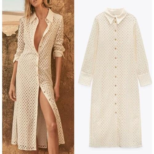 Za 2021 Openwork Embroidery Long Shirt Dresses Women Summer Lapel Long Sleeve Slim Dress Chic Side Slit Button Office Lady Dress