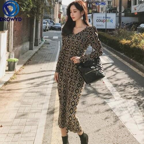 Korean Style Office Ladies V-neck High Waist Dress 2021 Women Robes Black Print V-neck Long Dresses Female Sexy Party Vestidos