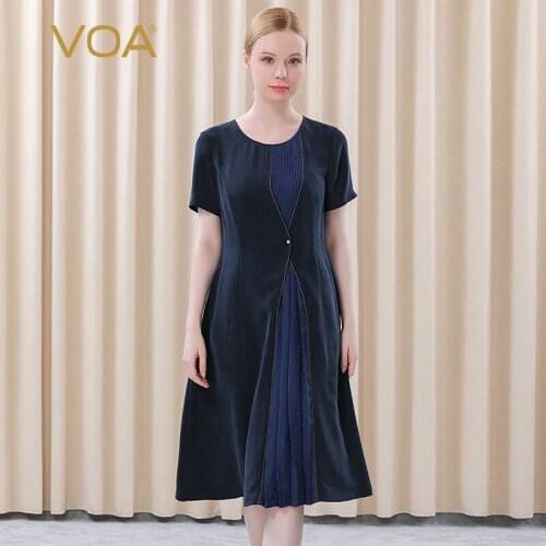 VOA 30m/m Silk Round Neck Short Sleeve Style Pleat Asymmetric Splicing Twist Buckle Decorative AE532 Dresses for Women