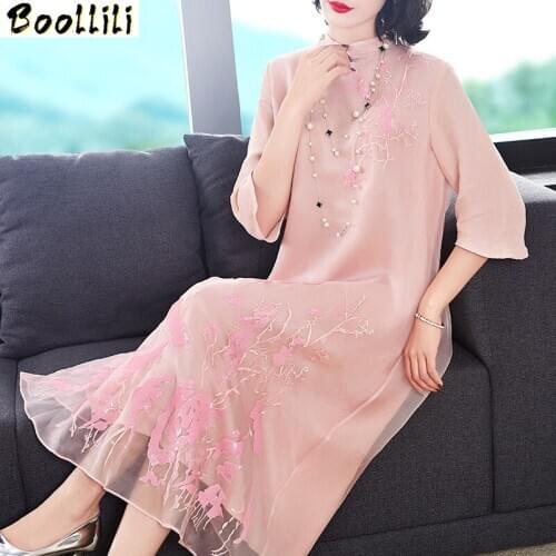 Boollili Summer Dress 2020 Elegant Silk Dress for Women Vintage Embroidery Pink Red Maxi Dress Ladies Dresses Plus Size Vestidos