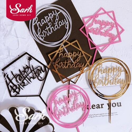 1 Pcs Acrylic Happy Birthday Geometry Round Square Cake Topper For Dessert Wedding Cake Design Cake Decorating Cakes For Kids