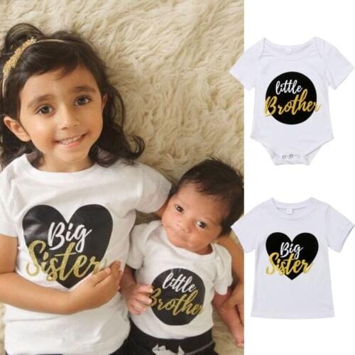 2018 Cute Kids Baby Boy Girl Clothes Summer Jumpsuit Tops Big Sister Girl T-shirt Baby Little Brother Romper Kids Clothes 0-6Y