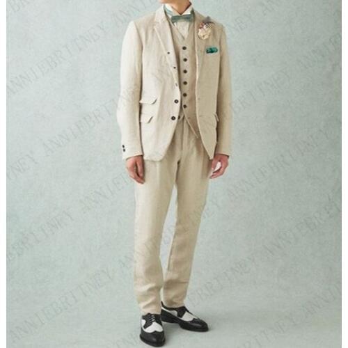 ANNIEBRITNEY Custom Latest Design Champagne Linen Men Suits Big Size Summer Wedding Bridegroom Blazers Pants Beach Tuxedo Set