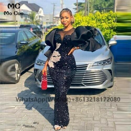 2021 Aso Ebi Black Girls Evening Prom Dresses Sequins Beaded Puffy 3/4 Sleeves Robe De Soiree Satin Evening Party Prom Dresses