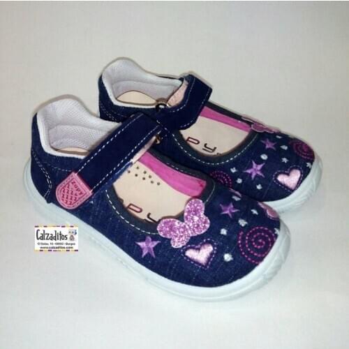Canvas merchants jeans blue with embroidery and velcro, by Lonettes Zapy for girls