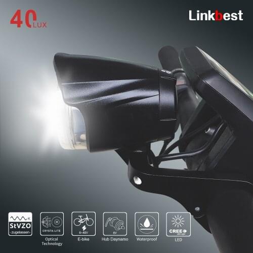 Linkbest Headlight LED Bicycle light StVZO Approved , Cree Led 40 Lux, Waterproof IPX-5, 6V-48V for hub dynamo and ebike