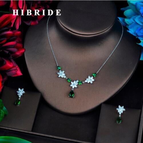 HIBRIDE Famous Design Brilliant AAA Green Cubic Zircon Wedding Women Bridal Jewelry Sets Necklace Sets Dress Accessories N-534