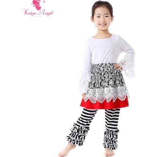 Kaiya Angel Fashion Style Fall 3 Piece Set Full Sleeve Shirt Pants Skirt Set Lace Ruffle Princess Print Stripe Goys Clothes Kids