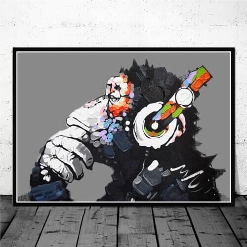 Modern Funny Thinking Monkey With Headset Watercolour Art Prints Oil Painting On Canvas Wall Picture For Living Room Decoration
