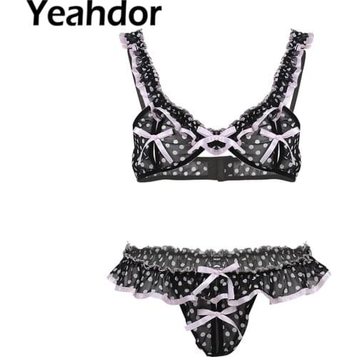 Men Sissy Soft Chiffon Lingerie Set Elastic Frilly Ruffled Spots Bikini Bra Top with Crotchless T-Back Briefs Gay Underwear