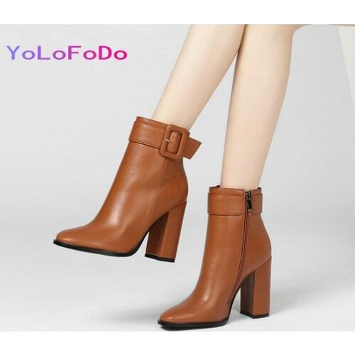 Brown Black Beige Women Ankle Boots Fashion Buckle Pointed Toe Women Square High Heel Boots Autumn Winter Shoes Plus Size 43
