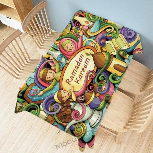Lovely Cartoon Muslim Eid Mubarak Ramadan Decoration Table Cloth Arabic Mosque Moslem Art Wall Tapestry Waterproof Table Cover