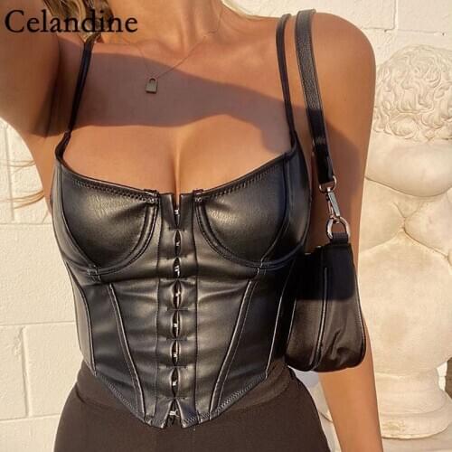 Celandine Autumn Winter Black White Sexy PU Leather Cropped Tops Women Party Night Fashion Casual Skinny Tank Tops Ladies 2020