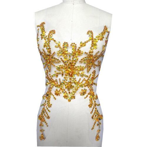 A104 Pure hand made dazzling golden sew on Rhinestones applique trim crystals patches 49*31cm dress accessory