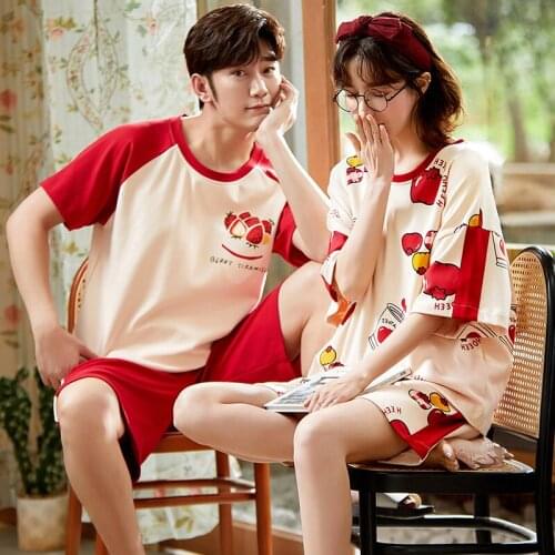 Pajamas Set Lovers Strawberry Cotton Fashion Women Short Sleeve Shorts Sleepwear Suit 2piece Sexy Summer Home Couple Lounge Gift