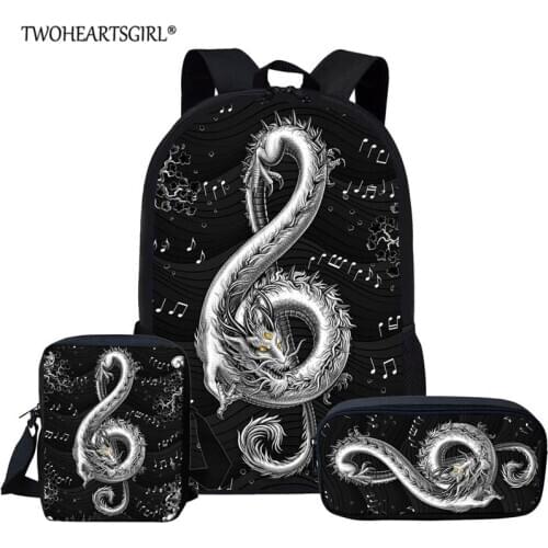 Twoheartsgirl Unique Music Dragon Print School Bags Boys Girls Kids Student Bookbags Music Note Black/White Backpack Set