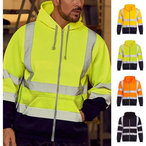 M-4XL Men Hooded Safety Sweatshirt Zip Reflective Strip Splice Work Coats Fleece Liner Warm Winter Hoodie Outwear Unisex Plus Sz