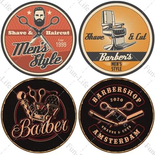 Vintage Barber Shop Metal Poster Round Tin Sign Plaque Haircut and Shave Beard Retro Plates Tinplate Cafe Bar Pub Home Decor