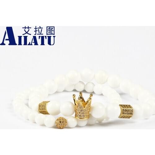 Ailatu Hot Sale Jewelry Wholesale 10 Sets 8mm Natural White Stone with Micro Pave Cz Crown Couple Bracelet