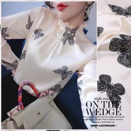 Customized butterfly digital printing stretch satin silk fabric soft and slippery draping silk fashion shirt dress sewing fabric