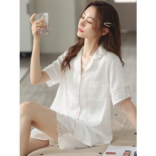 Women Ice Silk Pajamas Shorts Summer Bedroom Sleepwear PJ Lace Edge Pijama Feminino Mujer Dormir Home Clothes Satin Pyjama Femme