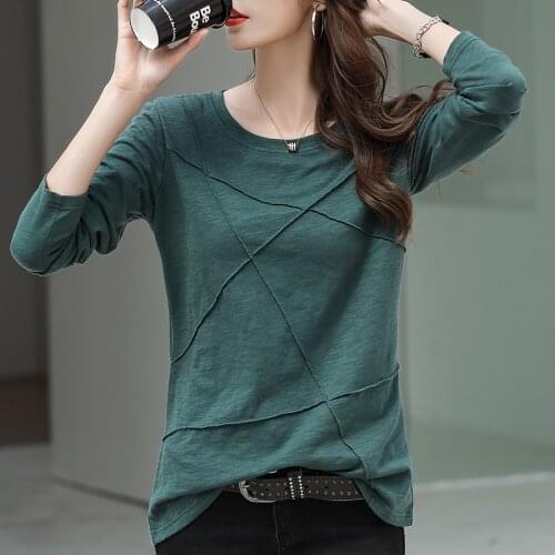 2021 Spring and Autumn Womens Long-Sleeved T-Shirt New Pure Cotton Korean Loose Bottoming Rround Neck Solid Color Tops FLJ009