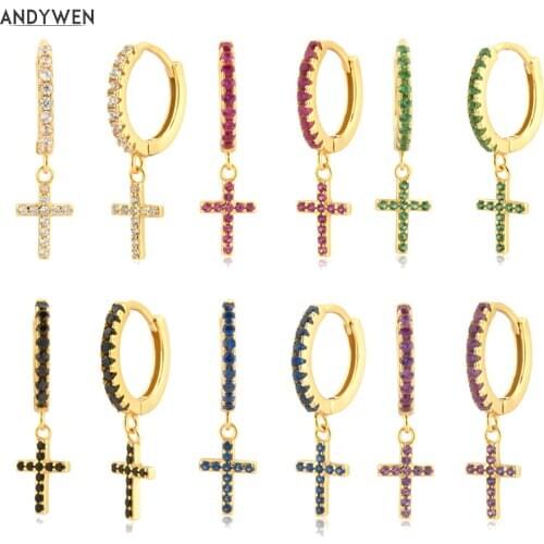 Andywen 100% 925 Sterling 8.5mm Silver Rainbow Cross Charm Pendiente Rainbow Drop Earring Women Tiny Fashion Clips Piercing