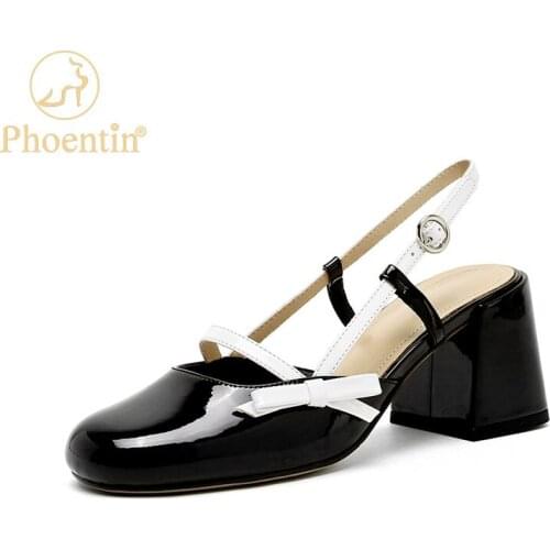 Phoentin Genuine Leather High Heels Slingback Pumps 2021 Fashion Womens Round toe Mary Janes summer white black sandals FT1613