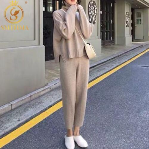 SMTHMA Womens Casual Warm Turtleneck Sweater 2 Pieces Pants Set 2020 Winter Female Fashion Clothes Ladies Knit tops Trouser Set