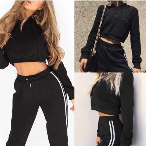 2 Piece Set Women Tracksuit Hooded Hoodies Crop Top And Stripe Long Pants Casual Sweatshirt Suits Outfit Clothing For Women New