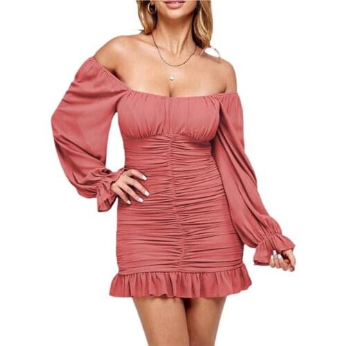 Women Close-fitting Long Sleeve Dress with Ruffled Hem Solid Color Square Collar S/ M/ L/ XL