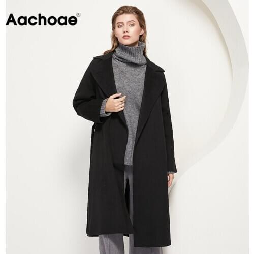 Aachoae Autumn Winter Women Casual 100% Wool Coat 2020 Solid Color Side Split Long Overcoat Elegant Long Sleeve Sashes Coats