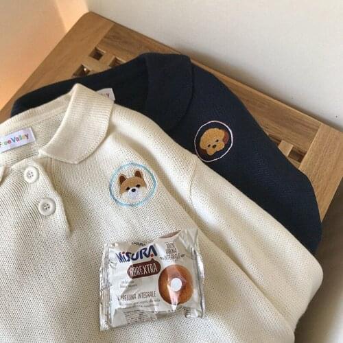 2020 Spring Summer Women Korean Breif Cartoon Dog Embroidery Knitted Sweaters Female Casual Long Sleeve Sweaters Pullovers
