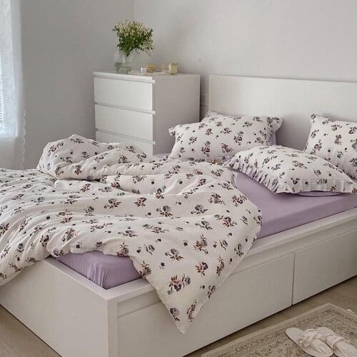 3/4Pcs Floral Bedding Purple Blue Flower Duvet Cover Set Soft 100%Cotton for Girls Women Bed Sheet Pillowcases Twin Queen King