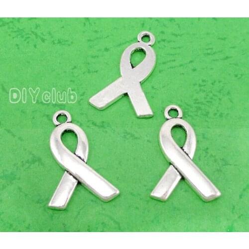 70pcs-Awareness Ribbon Charms, Antique Silver Breast Cancer Ribbon Charms Pendant 23x15mm