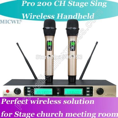 Free Shipping MICWL 200 Channel Gold Color Handheld Wireless DJ Karaoke Microphone Mic System
