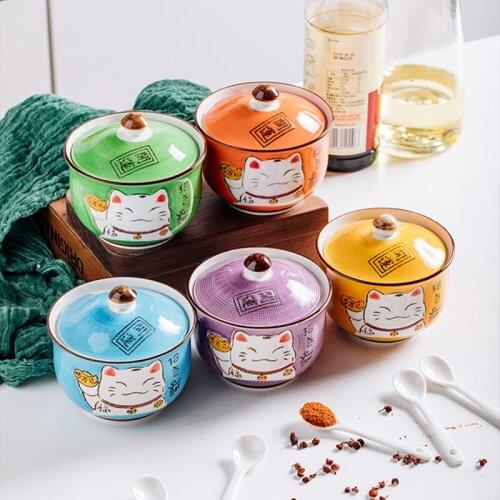 Ceramics Condiment Bottles Japanese Lucky Cat Blue Round with Spoon Spice Jar Salt Pepper Gift Box Household Kitchen Supplies