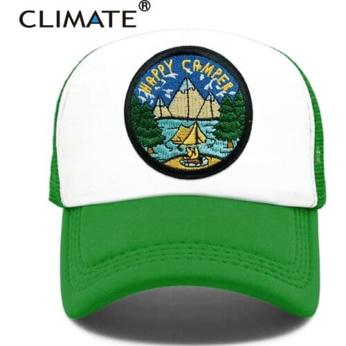 CLIMATE Happy Camper Cap Camper Summer Camp Camping Trucker Cap Green Hiking Outdoor Sport Hat Cap Cool Mesh Cap Men Women Kid