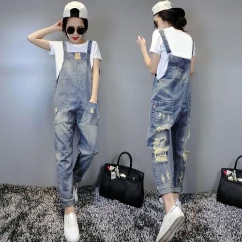 Bib Women Loose and Thin Nine-point Denim Jumpsuit with Holes Overalls Jumpsuit Women Summer 2020