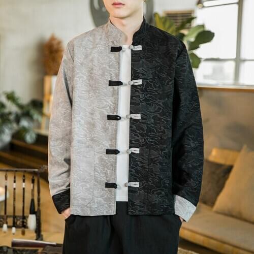 Embossing Color Block Coat Traditional Chinese Clothing For Mens Jackets Mandarin Collar Buckle Tang Suit Fashion Stylish Coats
