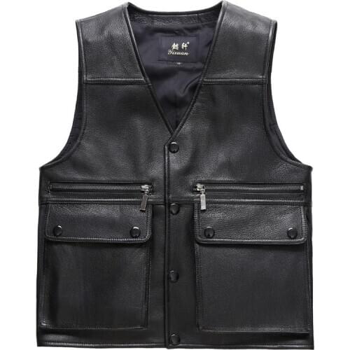 Men Motorcycle Biker Real Leather Vest Cowhide Casual Waistcaot Black Genuine Leather Sheepskin Multi pockets Sleeveless Jacket
