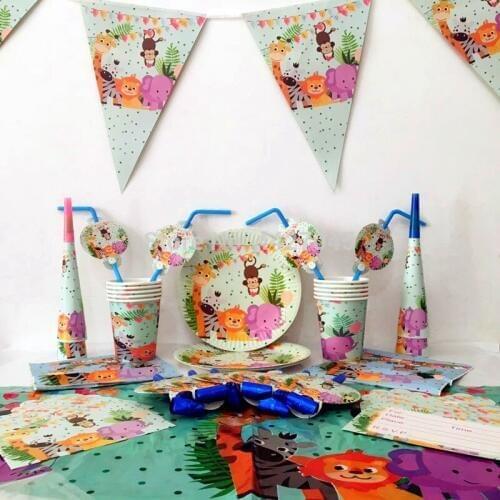 Cartoon Colorful Lovely Animal Zoo Theme Disposable Party Tableware Sets For Kids Festival Holiday Birthday Party Supplies Fav
