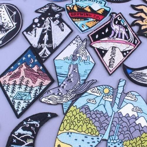 Whale Mountain Natural Stripe Embriodered Patches On Clothes Trave Adventure Space Applique Iron On Patches T-shirt Bag Decro