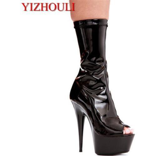 Newest Sexy Cool 15cm Ultra thick High Heels classic short Boots Fashion Pu leather Peep toe Shoes Black Womens Ankle boots