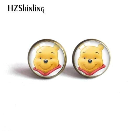 2021 New Little Winnie The Pooh and Friends Glass Dome Round Stud Earrings Handcraft Stainless Steel Earrings