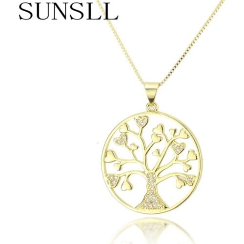 SUNSLL New gold copper necklace cubic Zirconia round life tree necklace for women fashion party jewelry pendant necklace gifts