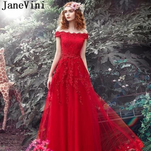 JaneVini Graceful Beaded Sequined Red Bridesmaid Dresses Long A Line Sleeveless Lace Appliques Tulle Floor Length Dama De Honra