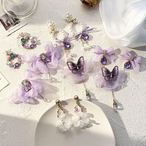 Exaggerated Romantic Purple Chiffon Butterfly Flowers Bow Earrings For Women Statement Luxury Charms Drop Ears Female Jewelry
