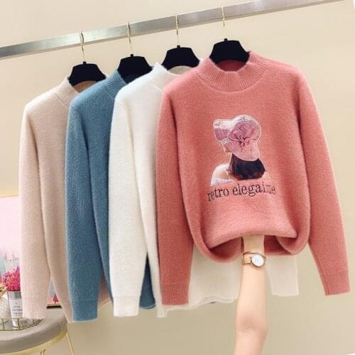High Neck Cartoon Pullover 2021Autumn Winter New Sweater Women Fashion Jacket All-Match Coat Knit Bottoming Shirt Female Top 455