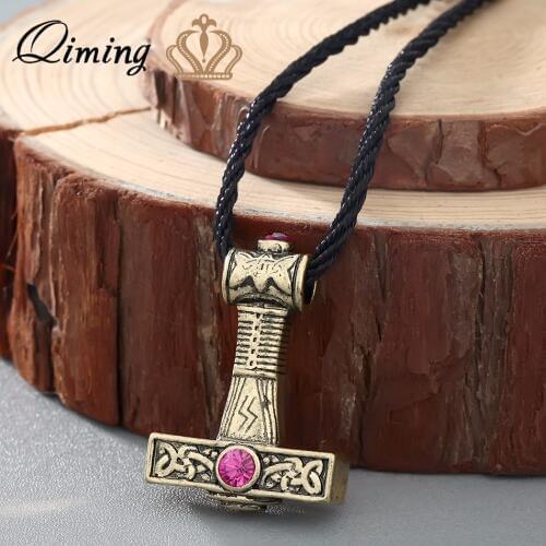QIMING Pink Zircon Crystal Axe Necklace Women Svarog Hammer fashion Pendant Slavic Charm Perun Odin Zeus Men Jewelry Accessories
